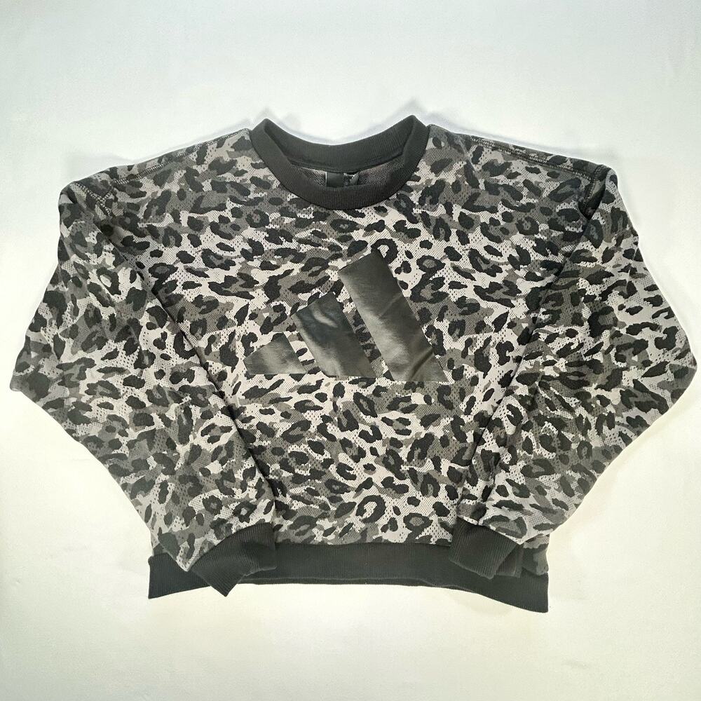 Adidas Women’s XS Cropped Sweatshirt Black & Gray Animal Print Big Logo Crewneck